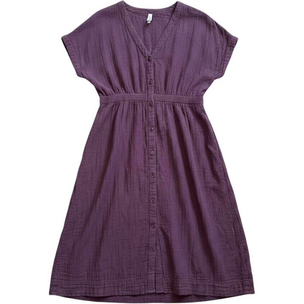 Pact Button Front Dress L Purple Organic Cotton Gauze Elastic Waist Boho
